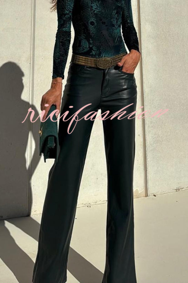 Stylish Faux Leather Pocketed Straight Stretch Pants