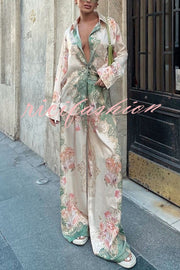 Antibes Satin Court Unique Printed Long Sleeve Loose Shirt and Elastic Waist Pants Set