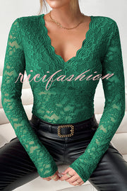 Solid Color Lace V-neck Long-sleeved Slim-fit Top