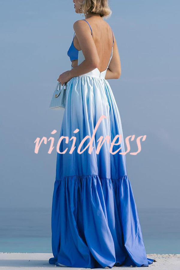 Ocean Breeze Gradient Color Print Cutout Waist Tiered Maxi Dress