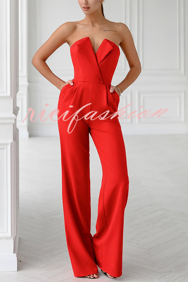 Tuxedo-style Off Shoulder Pocket Wide Leg Formal Jumpsuit