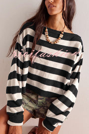 Striped Print Crew Neck Long Sleeve Loose Knitted Sweater