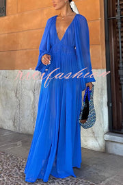 Blue Gemstone Chiffon Ruched Gathered Waist Maxi Dress