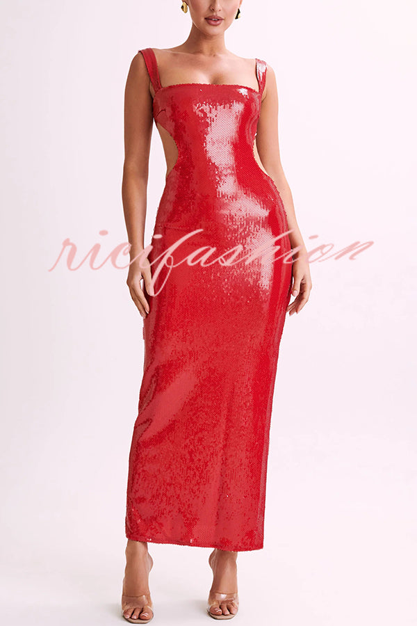 Eye Catching Sequin Cutout Waist Wide Strap Bacakless Maxi Dress