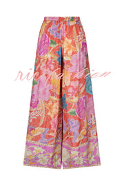 Painter's Garden Boho Floral Print  Elastic Waist Pocketed Wide Leg Pants