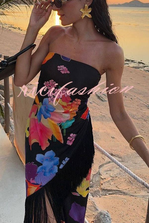 Island Girl Era Floral Print Tassel Trim Bandeau Stretch Midi Dress