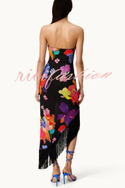 Island Girl Era Floral Print Tassel Trim Bandeau Stretch Midi Dress