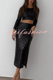 Solid Sequined Long-sleeved Crop Top and Sexy Slit Midi Skirt Set