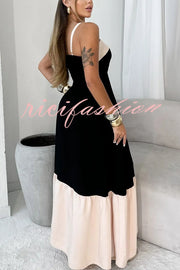 Fashionable Contrast Color Stitching Sling Maxi Dress