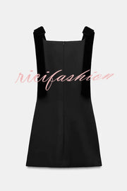 Miss Hepburn Velvet Bow Straps Straight Neckline Loose Mini Dress