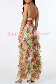 Sunrise Goddess Chiffon Roses Print Ruffles Tiered Trim Maxi Dress