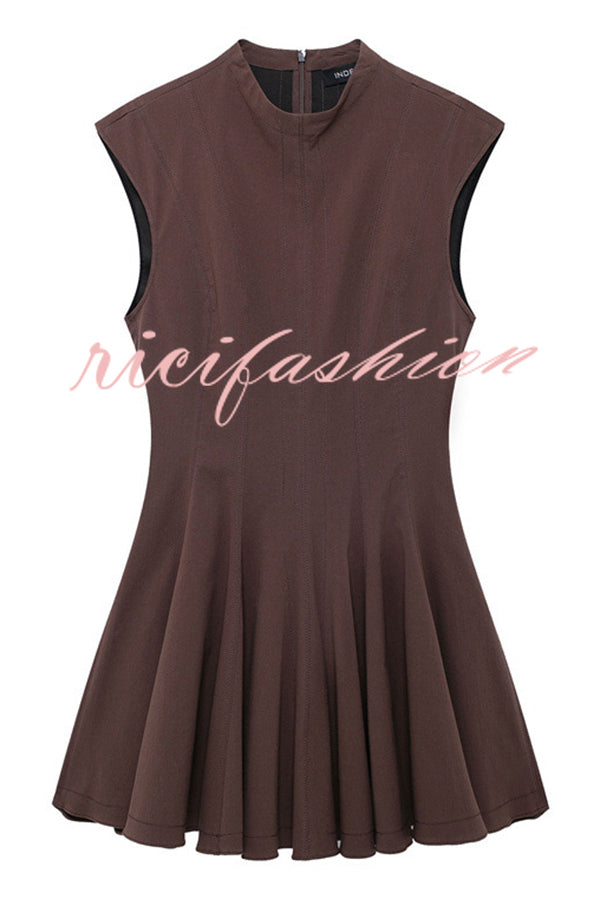 Solid Color Round Neck Sleeveless Waist Mini Dress