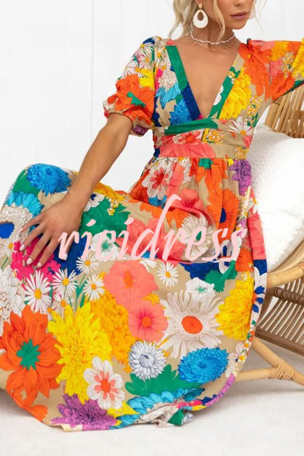 Floral Frenzy Printed Puff Sleeve Back Smocked Maxi Dress