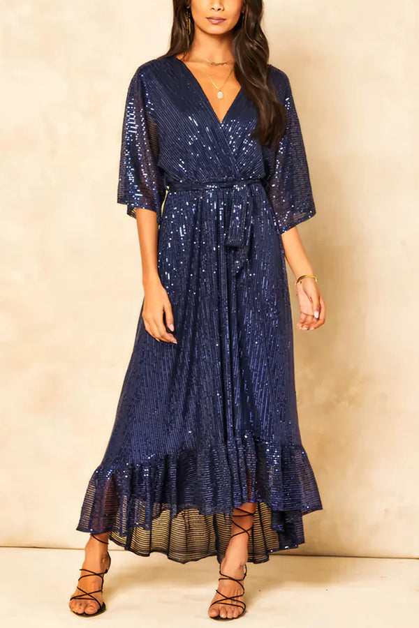 Solid Color Sequined V-neck Waist Tie Loose Maxi Dress