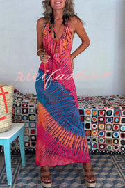 Tarik Tie-dye Print Ruffle Neck Halter Lace-up Backless Stretch Maxi Dress