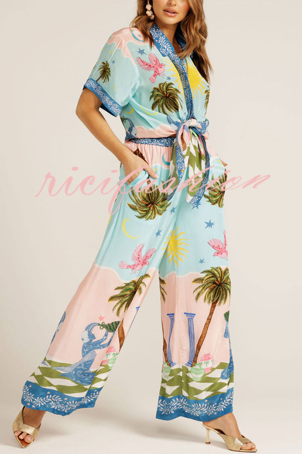 Summer Vacation Printed Short-sleeved Loose Shirt and Elastic Waist Pocket Pants Set