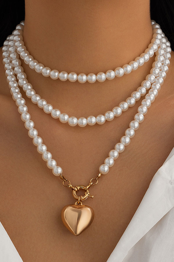 Elegant Love Pendant Imitation Pearl Multi-layer Necklace