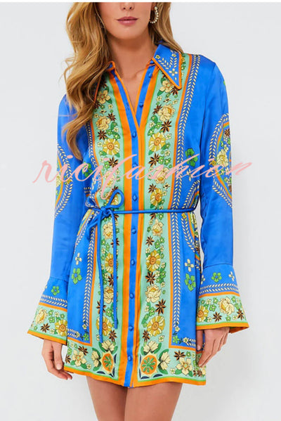 Katia Satin Unique Print Shaped Collar Tie-up Waist Shirt Mini Dress