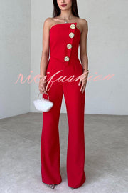 Solid Color Sexy Tube Top Gold Button Embellished Bootcut Jumpsuit