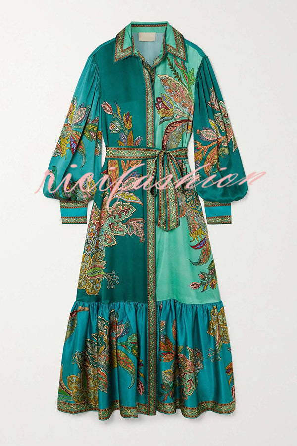 Resort Style satin Unique Printed Lapel Lantern Sleeve Lace-up Midi Dress