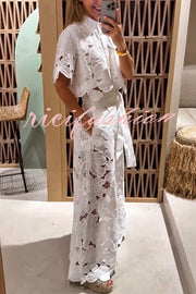 Redefining Elegance Floral Lace Cropped Shirt and Belt Pocketed Wide Leg Pants Set