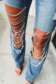 Casual Pocket Ripped Chain Embellished Straight Jeans