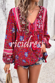 Intricate Floral Print V Neck Lace Up Paneled Long Sleeve Shirt