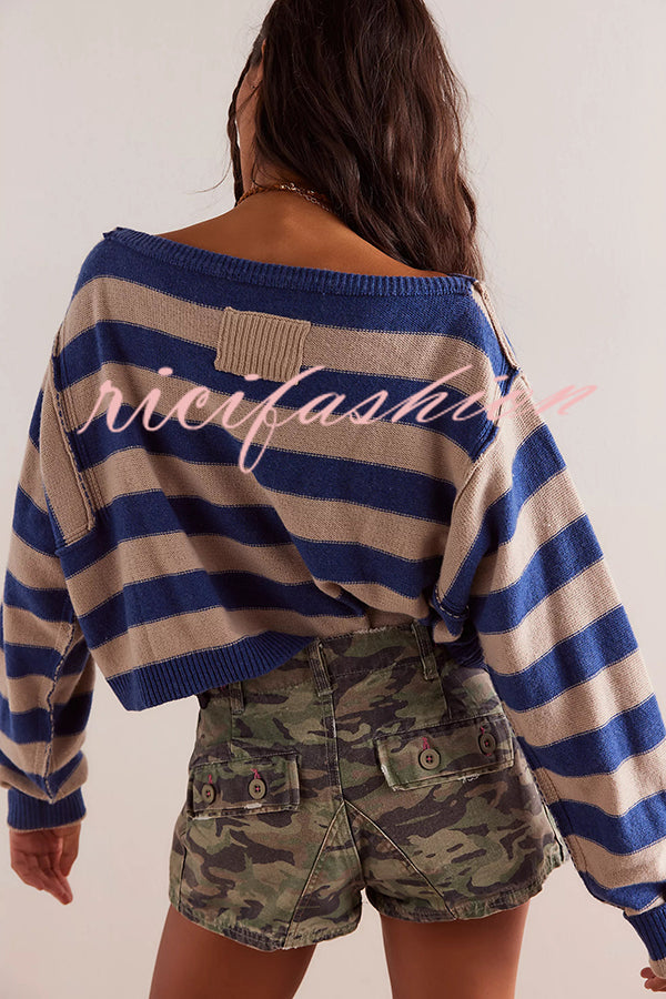 Striped Print Crew Neck Long Sleeve Loose Knitted Sweater