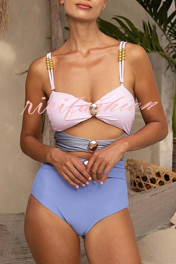 Color Block Patchwork Hollow Metal Decorative Stretch One-piece Swimsuit