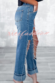 Casual Pocket Ripped Chain Embellished Straight Jeans