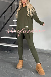 Solid Color Crew Neck Long Sleeve Top and Casual Stretch Pants Set