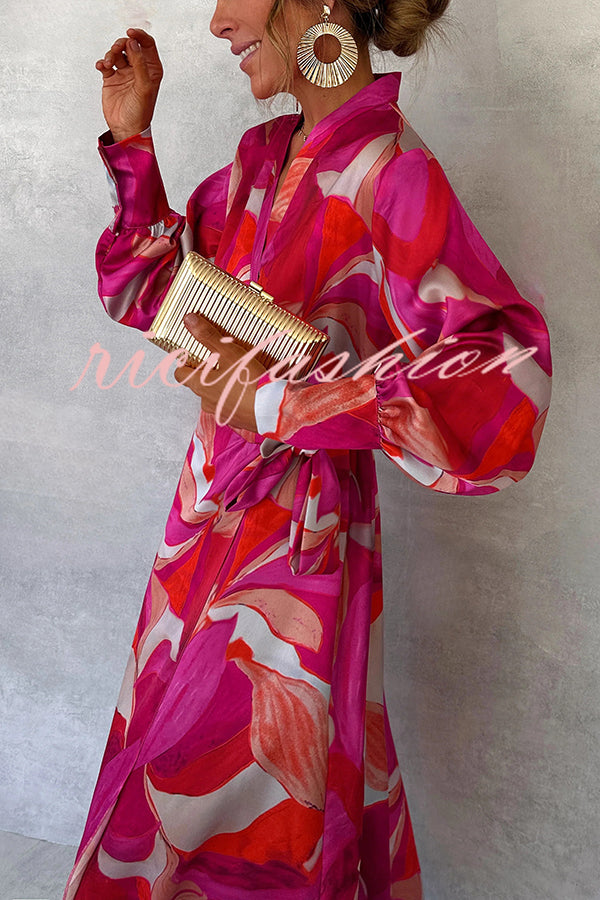 Unique Printed Long Sleeve V-neck Tie-up Waist Slit Maxi Dress