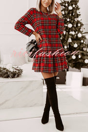 Fashionable Plaid Print Long Sleeve Round Neck Slim Fit Mini Dress