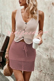 Knitted Vest V-neck Top and Lace-up Hollow Skirt Set