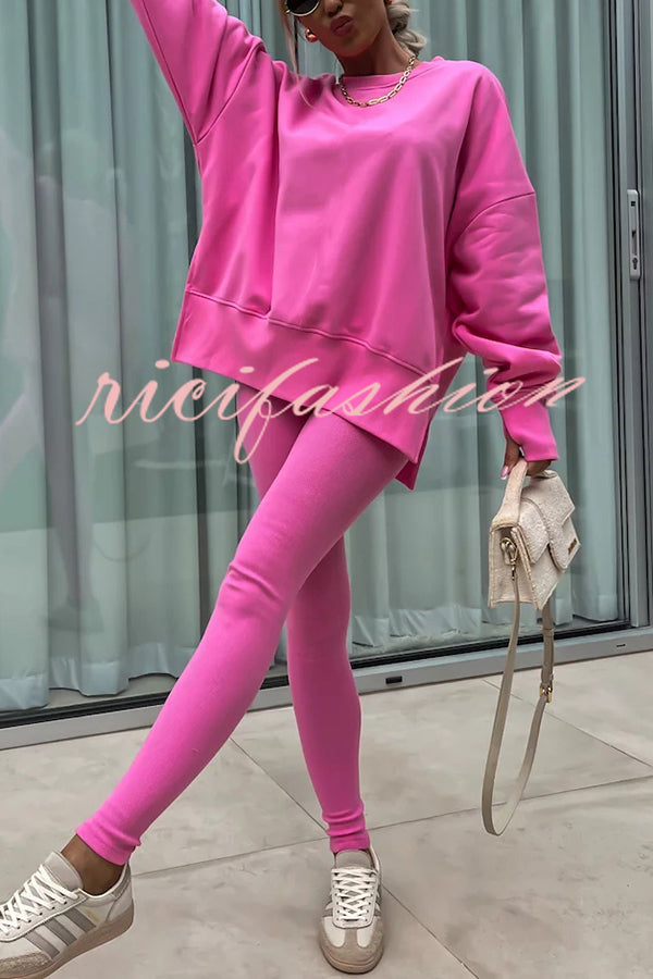 Solid Color Loose Long Sleeve SlitSweatshirt and Elastic Waist Tight Pants Set