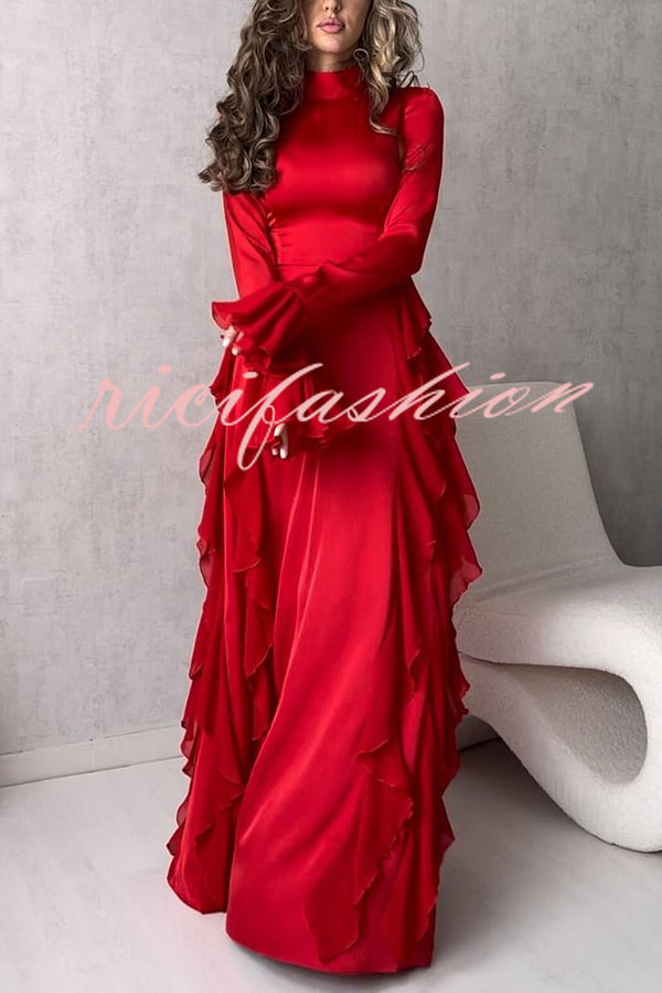 Cline Solid Color High Neck Long Sleeve Elegant Ruffles Maxi Dress