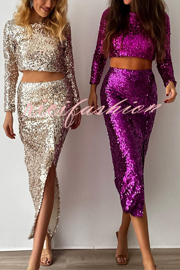 Solid Sequined Long-sleeved Crop Top and Sexy Slit Midi Skirt Set