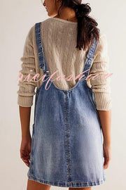 Solid Color Sleeveless V-neck Pocket Adjustable Denim Suspender Mini Dress