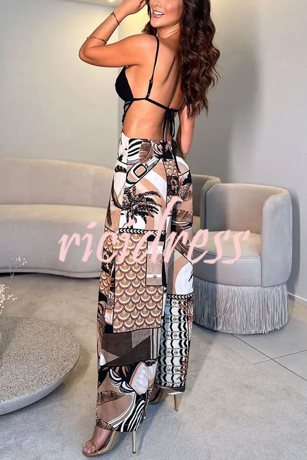 Tulum Dreaming Strap Cross Design Patchwork Printed Elastic Waist Backless Jumpsuit