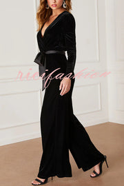 Love One Another Velvet Bow Belted Pocket Cutout Back Loose Jumpsuit