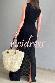 Elegant Knitted Round Neck Paneled Cutout Bodycon Maxi Dress