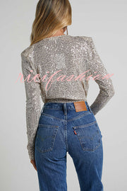 Alora Sequin Wrap Front Plunge Neck Long Sleeve Bodysuit