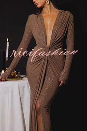 Solid Color Shiny Sexy V-neck Long Sleeve Ribbon Slit Slim Fit Maxi Dress