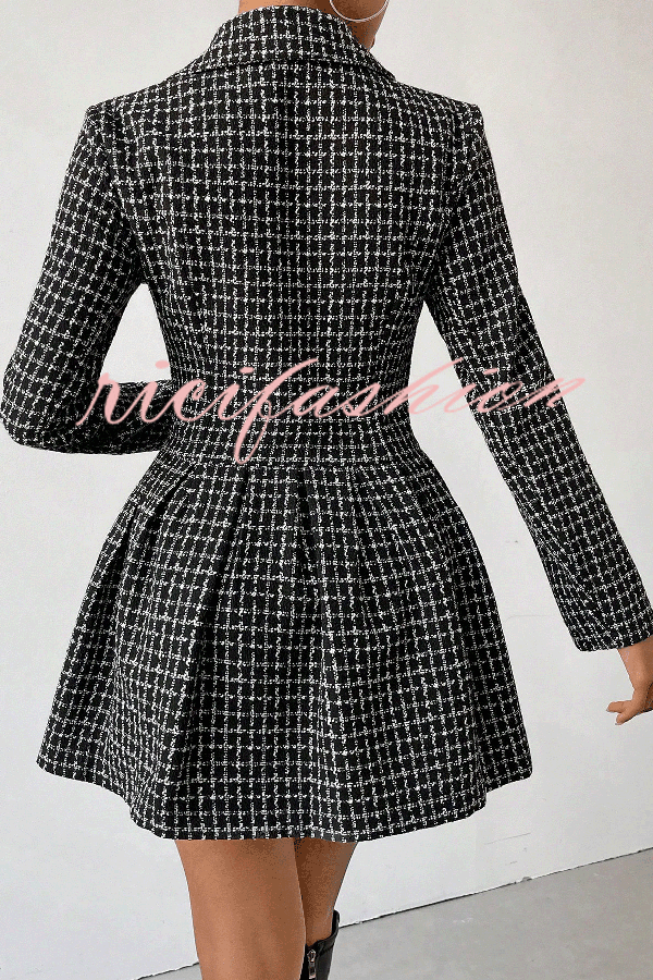 Plaid Print Lapel Long Sleeve Office Mini Dress