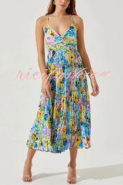 Wedding Party Season Floral Print Pleated Back Tie-up Midi Dress