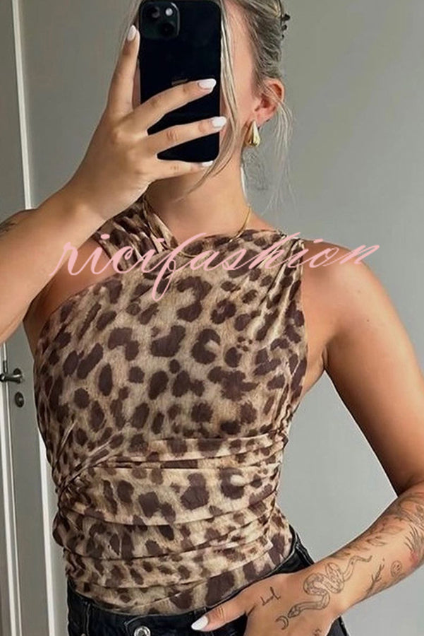 Absolute Trend Mesh Leopard Asymmetric Ruched Stretch Bodysuit