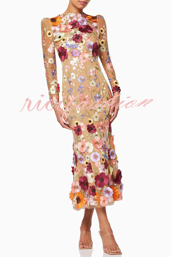 Dignified and Refined Charm Embroidered Floral Applique Long Sleeve Fish Tail Midi Dress