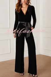 Love One Another Velvet Bow Belted Pocket Cutout Back Loose Jumpsuit