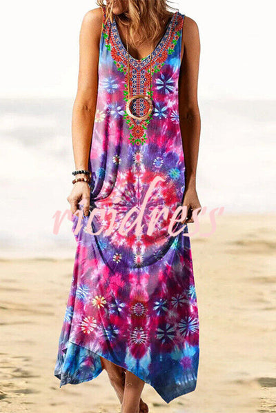 Play In Paradise Tie-dye Print Loose Tank Mid Dress