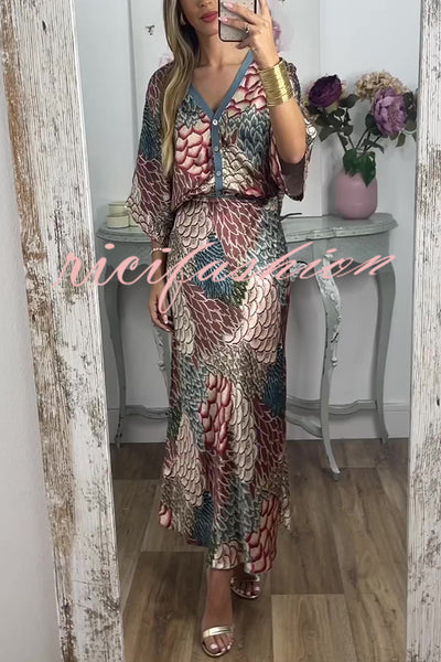 Harlen Satin Unique Printed Loose Shirt Top and Elastic Waist Maxi Skirt Set